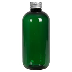 8 oz. Dark Green PET Traditional Boston Round Bottle with 24/410 Brushed Silver Aluminum Cap with Foam Liner