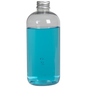 12 oz. Clear PET Traditional Boston Round Bottle with 24/410 Brushed Silver Aluminum Cap with Foam Liner