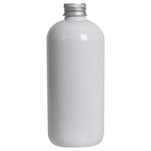 12 oz. White PET Traditional Boston Round Bottle with 24/410 Brushed Silver Aluminum Cap with Foam Liner