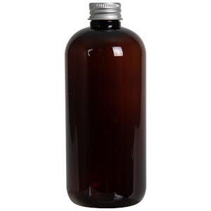 12 oz. Light Amber PET Traditional Boston Round Bottle with 24/410 Brushed Silver Aluminum Cap with Foam Liner