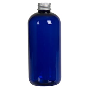 12 oz. Cobalt Blue PET Traditional Boston Round Bottle with 24/410 Brushed Silver Aluminum Cap with Foam Liner