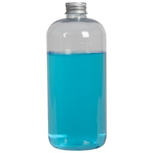 16 oz. Clear PET Traditional Boston Round Bottle with 24/410 Brushed Silver Aluminum Cap with Foam Liner