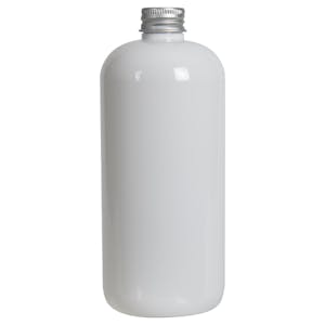 16 oz. White PET Traditional Boston Round Bottle with 24/410 Brushed Silver Aluminum Cap with Foam Liner