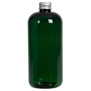 16 oz. Dark Green PET Traditional Boston Round Bottle with 24/410 Brushed Silver Aluminum Cap with Foam Liner