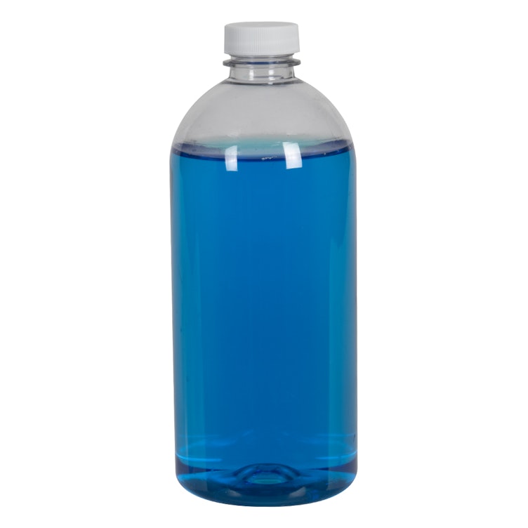 22 oz. Clear PET Squat Boston Round Bottle with 28/400 White Ribbed Cap with F217 Liner