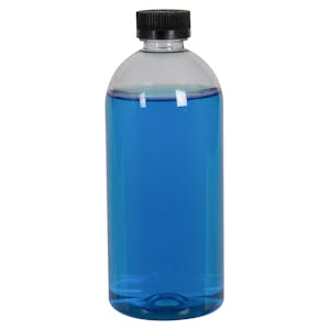 22 oz. Clear PET Squat Boston Round Bottle with 28/400 Black Ribbed CRC Cap with F217 Liner