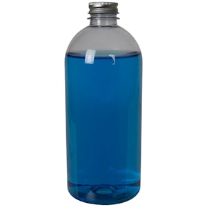 22 oz. Clear PET Squat Boston Round Bottle with 28/400 Brushed Silver Aluminum Cap with Foam Liner