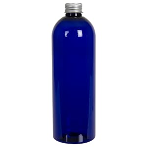 16 oz. Cobalt Blue PET Cosmo Round Bottle with 24/410 Brushed Silver Aluminum Cap with Foam Liner