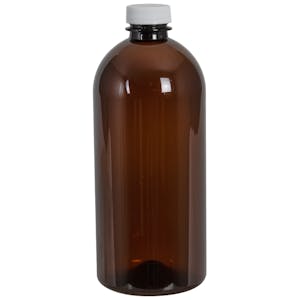 22 oz. Light Amber PET Squat Boston Round Bottle with 28/400 White Ribbed Cap with F217 Liner