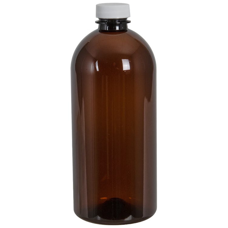 22 oz. Light Amber PET Squat Boston Round Bottle with 28/400 White Ribbed Cap with F217 Liner
