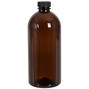 22 oz. Light Amber PET Squat Boston Round Bottle with 28/400 Black Ribbed Cap with F217 Liner