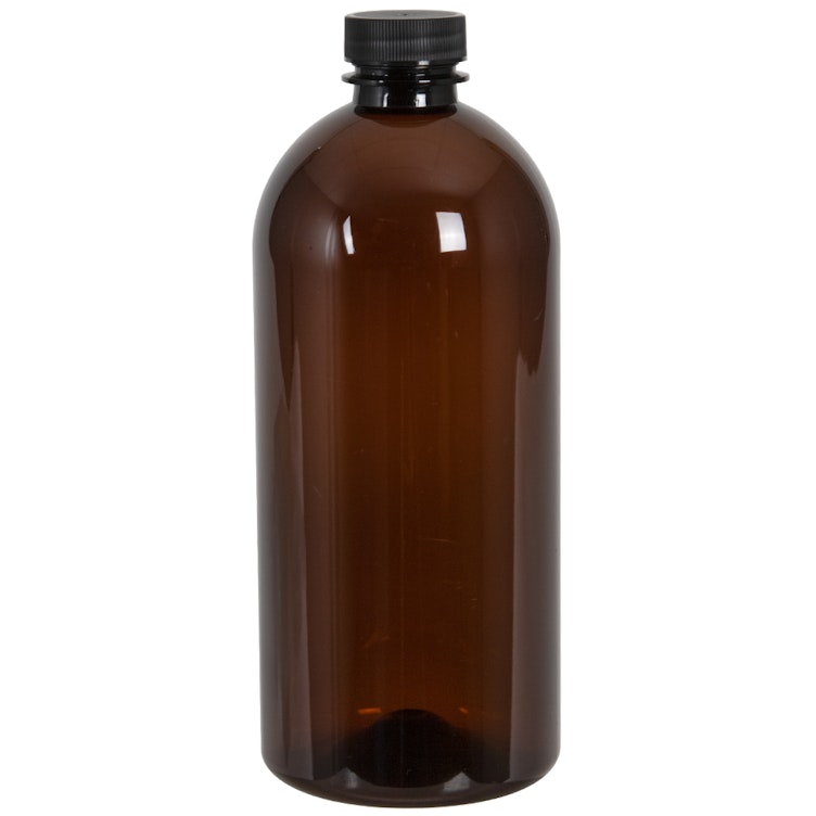22 oz. Light Amber PET Squat Boston Round Bottle with 28/400 Black Ribbed Cap with F217 Liner