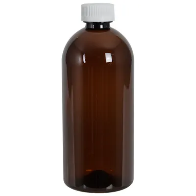 22 oz. Light Amber PET Squat Boston Round Bottle with 28/400 White Ribbed Polypropylene Child-Resistant Cap (CRC) with F217 Liner