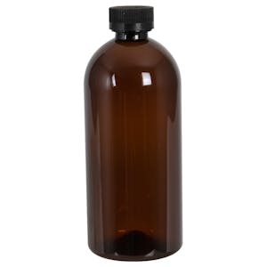 22 oz. Light Amber PET Squat Boston Round Bottle with 28/400 Black Ribbed CRC Cap with F217 Liner