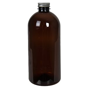 22 oz. Light Amber PET Squat Boston Round Bottle with 28/400 Brushed Silver Aluminum Cap with Foam Liner