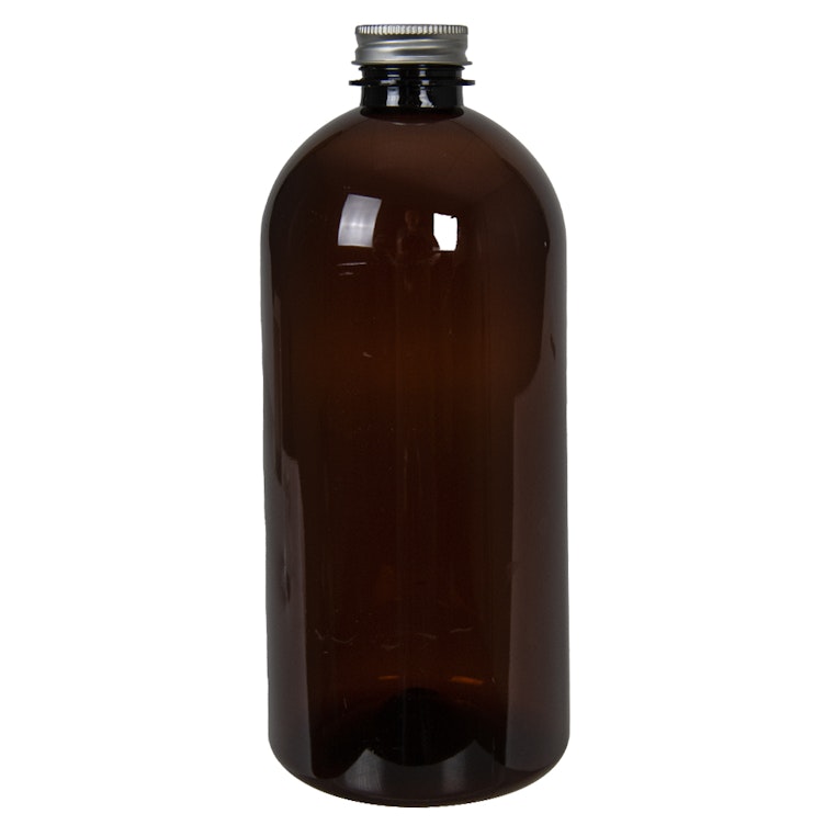 22 oz. Light Amber PET Squat Boston Round Bottle with 28/400 Brushed Silver Aluminum Cap with Foam Liner