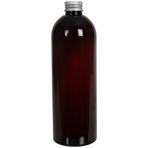 16 oz. Light Amber PET Cosmo Round Bottle with 24/410 Brushed Silver Aluminum Cap with Foam Liner
