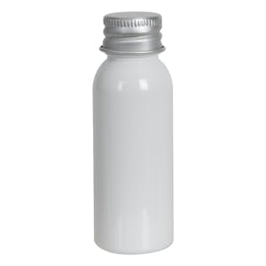 1 oz. White PET Cosmo Round Bottle with 20/410 Brushed Silver Aluminum Cap with Foam Liner