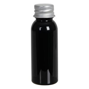1 oz. Black PET Cosmo Round Bottle with 20/410 Brushed Silver Aluminum Cap with Foam Liner