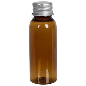 1 oz. Clarified Amber PET Cosmo Round Bottle with 20/410 Brushed Silver Aluminum Cap with Foam Liner