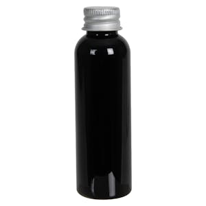 2 oz. Black PET Cosmo Round Bottle with 20/410 Brushed Silver Aluminum Cap with Foam Liner