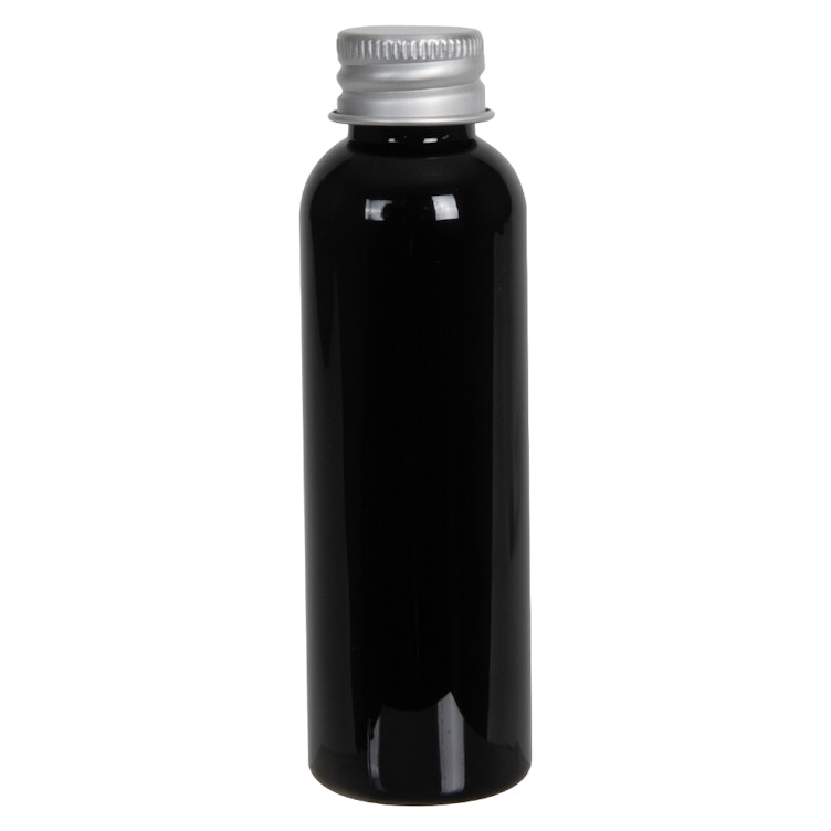 2 oz. Black PET Cosmo Round Bottle with 20/410 Brushed Silver Aluminum Cap with Foam Liner