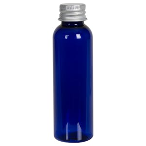 2 oz. Cobalt Blue PET Cosmo Round Bottle with 20/410 Brushed Silver Aluminum Cap with Foam Liner