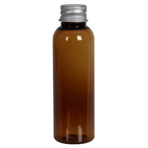 2 oz. Clarified Amber PET Cosmo Round Bottle with 20/410 Brushed Silver Aluminum Cap with Foam Liner