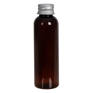 2 oz. Light Amber PET Cosmo Round Bottle with 20/410 Brushed Silver Aluminum Cap with Foam Liner