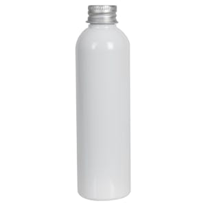 4 oz. White PET Cosmo Round Bottle with 20/410 Brushed Silver Aluminum Cap with Foam Liner