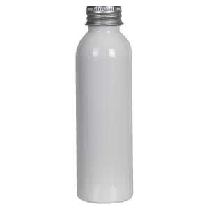 4 oz. White PET Cosmo Round Bottle with 24/410 Brushed Silver Aluminum Cap with Foam Liner