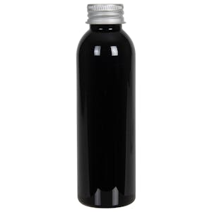 4 oz. Black PET Cosmo Round Bottle with 24/410 Brushed Silver Aluminum Cap with Foam Liner