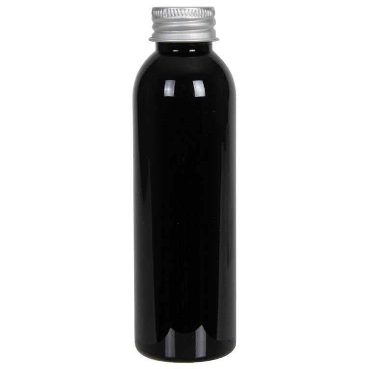 4 oz. Black PET Cosmo Round Bottle with 24/410 Brushed Silver Aluminum Cap with Foam Liner