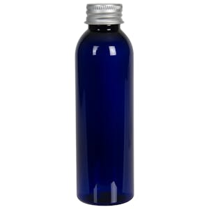 4 oz. Cobalt Blue PET Cosmo Round Bottle with 24/410 Brushed Silver Aluminum Cap with Foam Liner