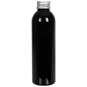 6 oz. Black PET Cosmo Round Bottle with 24/410 Brushed Silver Aluminum Cap with Foam Liner