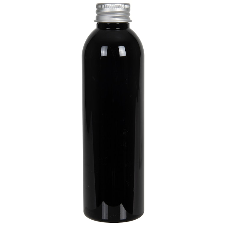 6 oz. Black PET Cosmo Round Bottle with 24/410 Brushed Silver Aluminum Cap with Foam Liner