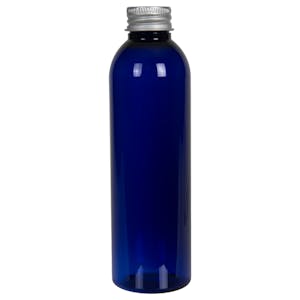 6 oz. Cobalt Blue PET Cosmo Round Bottle with 24/410 Brushed Silver Aluminum Cap with Foam Liner