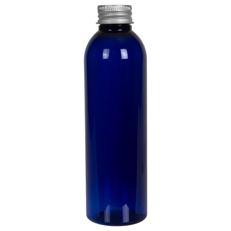 6 oz. Cobalt Blue PET Cosmo Round Bottle with 24/410 Brushed Silver Aluminum Cap with Foam Liner