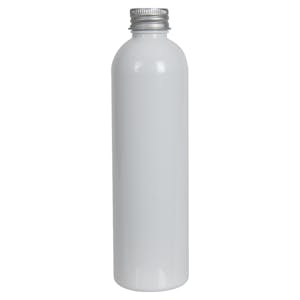 8 oz. White PET Cosmo Round Bottle with 24/410 Brushed Silver Aluminum Cap with Foam Liner