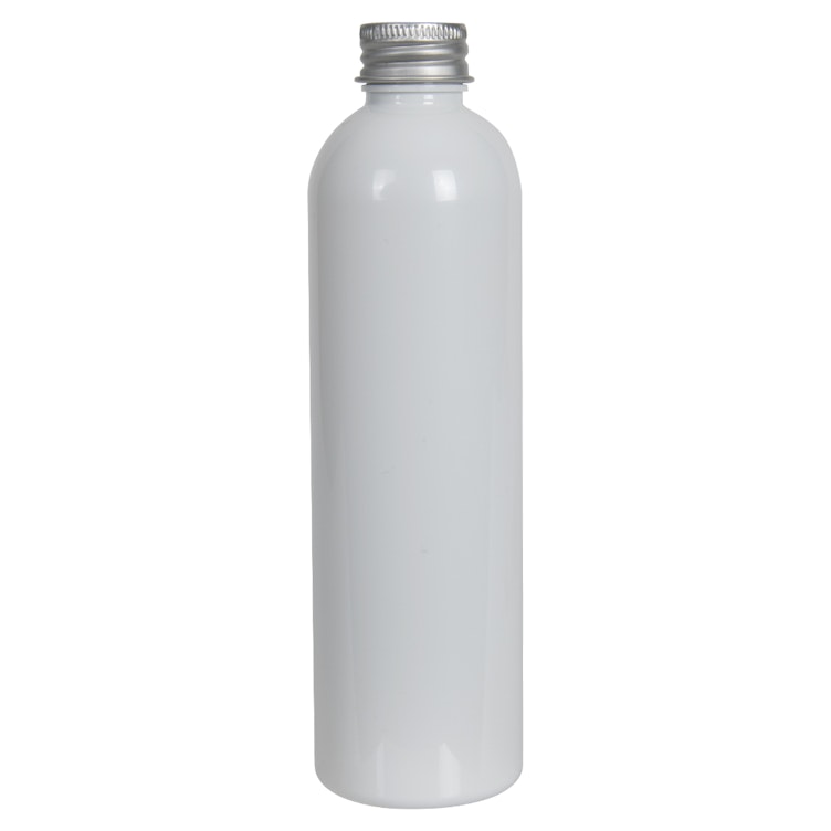 8 oz. White PET Cosmo Round Bottle with 24/410 Brushed Silver Aluminum Cap with Foam Liner