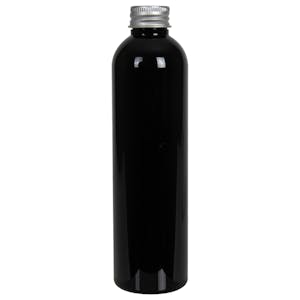 8 oz. Black PET Cosmo Round Bottle with 24/410 Brushed Silver Aluminum Cap with Foam Liner