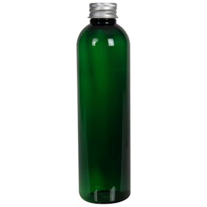 8 oz. Dark Green PET Cosmo Round Bottle with 24/410 Brushed Silver Aluminum Cap with Foam Liner