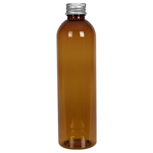 8 oz. Clarified Amber PET Cosmo Round Bottle with 24/410 Brushed Silver Aluminum Cap with Foam Liner
