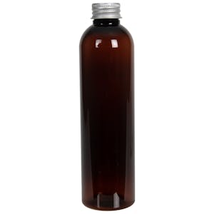 8 oz. Light Amber PET Cosmo Round Bottle with 24/410 Brushed Silver Aluminum Cap with Foam Liner