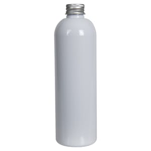 12 oz. White PET Cosmo Round Bottle with 24/410 Brushed Silver Aluminum Cap with Foam Liner