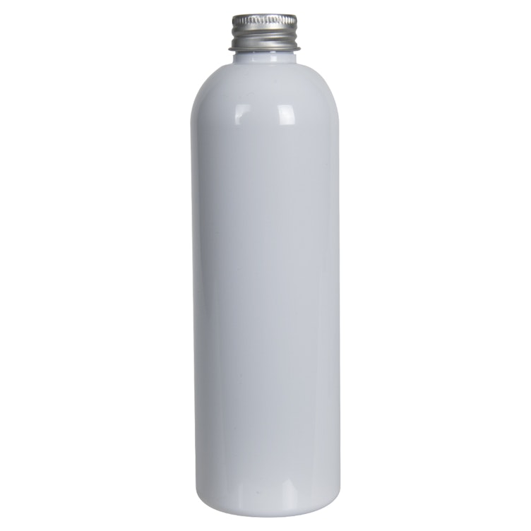 12 oz. White PET Cosmo Round Bottle with 24/410 Brushed Silver Aluminum Cap with Foam Liner