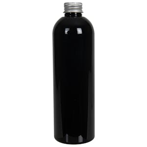 12 oz. Black PET Cosmo Round Bottle with 24/410 Brushed Silver Aluminum Cap with Foam Liner