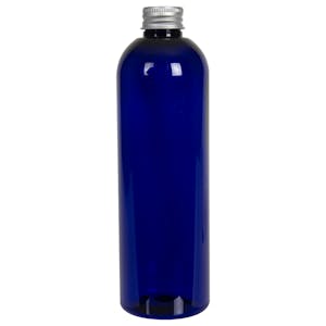 12 oz. Cobalt Blue PET Cosmo Round Bottle with 24/410 Brushed Silver Aluminum Cap with Foam Liner