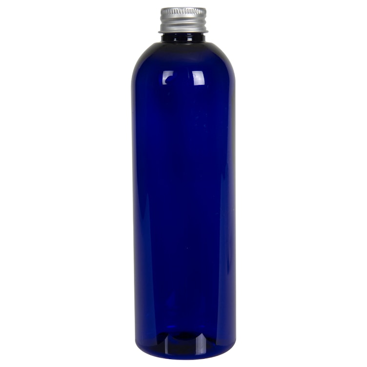 12 oz. Cobalt Blue PET Cosmo Round Bottle with 24/410 Brushed Silver Aluminum Cap with Foam Liner