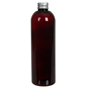 12 oz. Light Amber PET Cosmo Round Bottle with 24/410 Brushed Silver Aluminum Cap with Foam Liner
